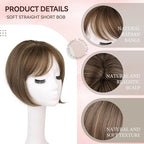 LEEONS Hair Toppers for Women with Bangs Short Bob Synthetic Pieces for Thinning Hair Side Part (Brown with Highlights)