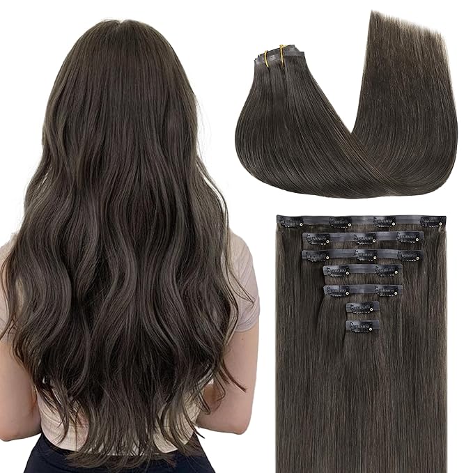 GOO GOO Clip in Hair Extensions Real Human Hair, Remy Human Hair Extensions Clip ins for Women, Natural Human Hair, 24inch 120g 7Pcs, 1C Mocha Brown