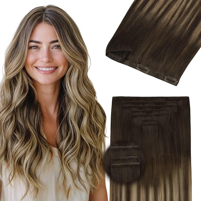 DOORES Invisible Clip in Hair Extensions 22 inch 150g 7pcs, Real Human Hair Invisi Edge Clip in Extensions, Virgin PU Clipins Straight Thickening Hairstyle, 4/27/4 Chocolate Brown to Caramel Blonde