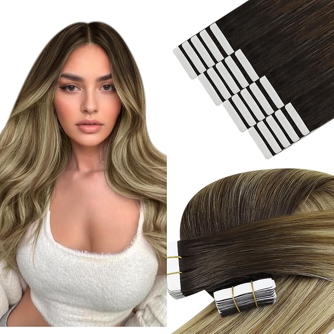 YoungSee Tape in Extensions Human Hair Balayage Hair Extensions Tape in Brown Ombre Medium Brown with Blonde Tape in Hair Extensions 20pcs Human Hair Tape-in Extension 20 Inches 50g