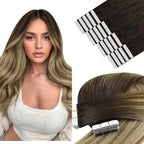 YoungSee Tape in Extensions Balayage Tape in Hair Extensions Human Hair Ombre Dark Brown to Brown with Blonde Tapes on Hair Extension 20pcs Real Hair 22In Long Hair Extension 50g for Parties
