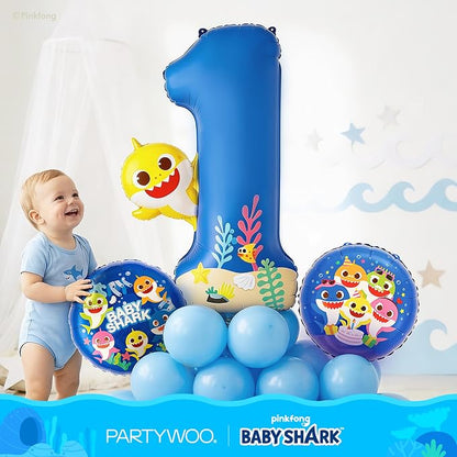 PartyWoo Baby Shark Blue Foil Round Star Mylar Number 1 Balloons 5pcs | Balloons - Image 4