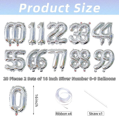 20 Pieces 2 Sets of 16 Inch Silver Number 0-9 Balloons – Foil Mylar Balloons - Image 2