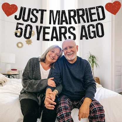 Black Glitter Just Married 50 Years Ago Banner, NO DIY, Pre-Strung 50th Wedding - Image 5