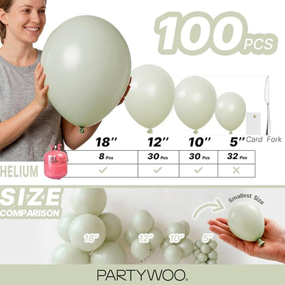 PartyWoo Sage Green Balloons 100pcs Dusty Boho Green Color 18 12 10 5 Inch | - Image 6