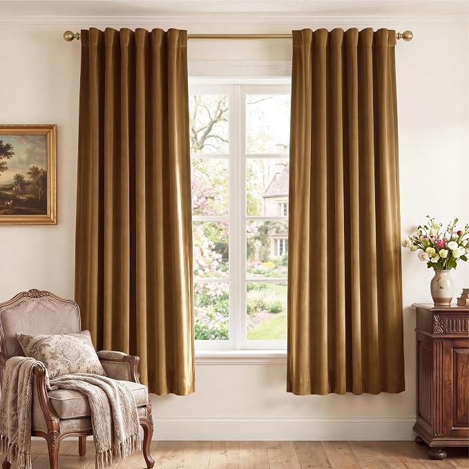 Gold Brown Velvet Curtains for Living Room Boho, W52 x L72, 2 Panels | 300GSM by StangH