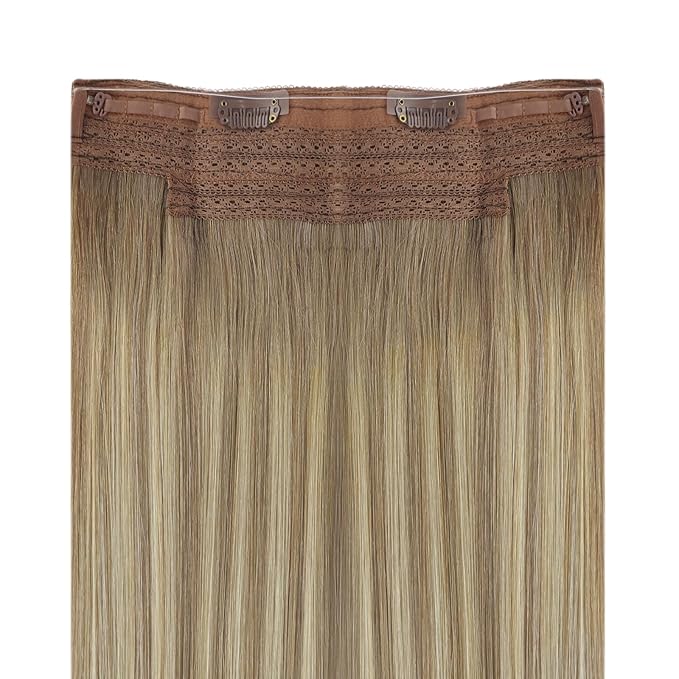 YoungSee Invisible Wire Hair Extensions Light Brown Wire Human Hair Extensions Balayage Light Brown Mix Platinum Blonde Soft Hair One Piece Hair Extension Real Human Hair 80G 14In