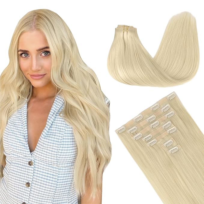 GOO GOO Clip in Hair Extensions Real Human Hair, Remy Human Hair Extensions Clip ins for Women, Natural Human Hair, 18inch 130g 7Pcs, 60A Platinum Blonde