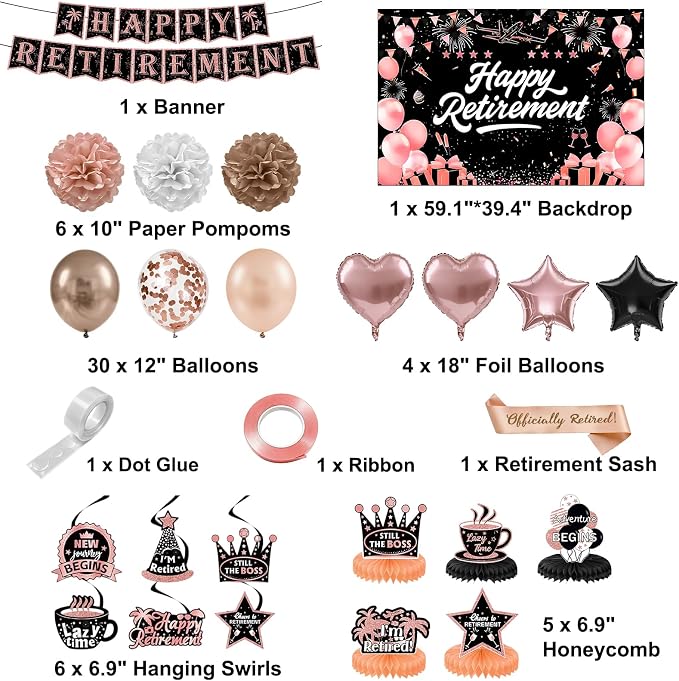 Retirement Party Decorations for Women Men, Rose Gold Happy Banner | Retirement - Image 2