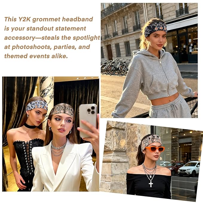 Meifuly 4 Pack Fashion Grommet Wide Headbands for Women, Hollow Out Eyelets Elastic Wide Headband, Y2k Girls Punk Grunge Stretchy Hair Accessory