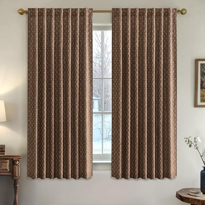 MIULEE Patterned Farmhouse Linen Curtains, Back Tab, Dark Coffeen | Linen - Image 2