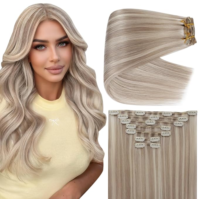 Full Shine Ash Blonde Clip in Hair Extensions Human Hair Thick Ash Blonde Highlighted Clip in Extensions for DIY 22 Inch 150 G 7 Pcs