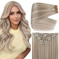 Full Shine Ash Blonde Clip in Hair Extensions Human Hair Thick Ash Blonde Highlighted Clip in Extensions for DIY 22 Inch 150 G 7 Pcs