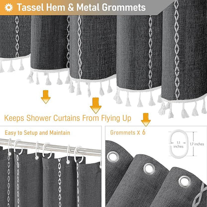 Small Boho Linen Heavy Duty Cloth Shower Curtain, Charcoal Grey | Stall Size - Image 5