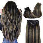 GOO GOO Clip in Hair Extensions Real Human Hair, Remy Human Hair Extensions Clip ins for Women, Natural Human Hair, 14inch 120g 7Pcs, 1B/16/1B Balayage Natural Black to Light Blonde