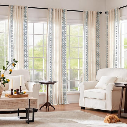 jinchan Floral Linen Curtains Embroidered Back Tab 50x96in 2 Panels Blue | - Image 5