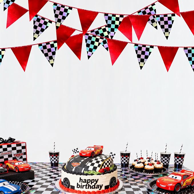 Racing Party Decorations Iridescent Checkered Red Pennant Banner Flag Hanging - Image 6