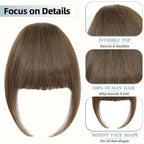 Clip In Bangs for Women, Brown French Bangs Hair Clip with Temples, 100% Real Human Hair Layered Curved Fringe for Halloween and Daily Use(Brown, French Bangs)