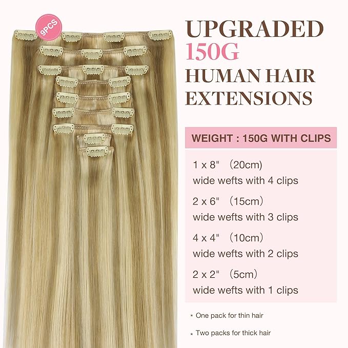 GOO GOO Clip in Hair Extensions Real Human Hair, Remy Human Hair Extensions Clip ins for Women, Natural Human Hair, 22inch 220g 9Pcs, #16/22 Light Blonde Highlighted Golden Blonde