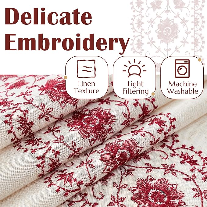 jinchan Floral Linen Curtains Embroidered Back Tab 50x84in 2 Panels Red | Light - Image 4