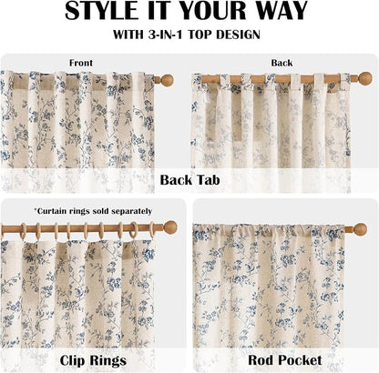Blue Vintage Floral Linen Curtains Farmhouse 50W X 96L 2 Panels | Elisa Series - Image 5