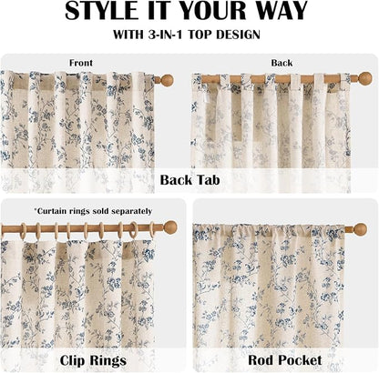 Blue Vintage Floral Linen Curtains Farmhouse 38W X 96L 2 Panels | Elisa Series - Image 5