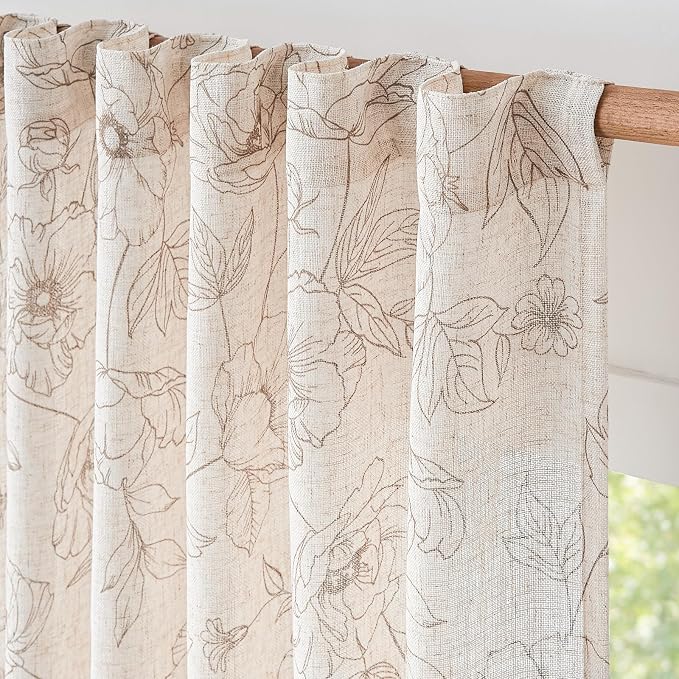 jinchan Floral Linen Curtains for Living Room 96 Inch Length Taupe Flower - Image 5