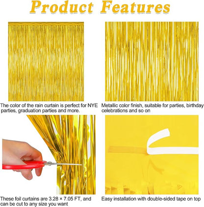 2 Pack Gold Tinsel Backdrop, 3.28 FT x 7.05 FT Metallic Fringe Curtain - Image 4
