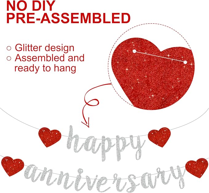 BEISHIDA Glitter Pre-Strung Silver Happy Anniversary Banner Decoration | NO DIY - Image 2