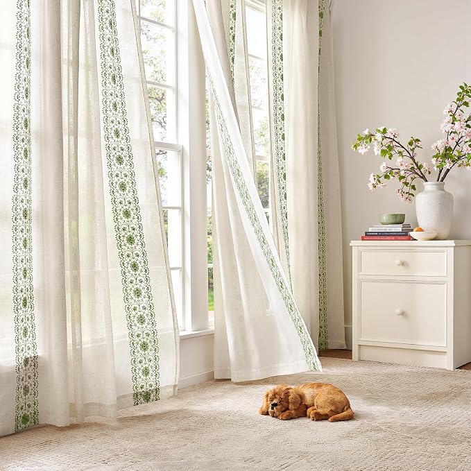 jinchan Floral Linen Curtains Embroidered Back Tab 50x84in 2 Panels Sage | - Image 8