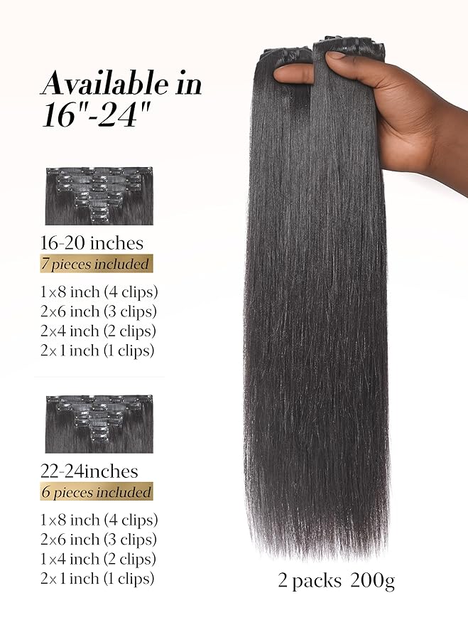 LUVME 0.59mm Zero Trace Invisible Clip in Hair Extensions, Yaki Straight 2 Pack 6 Pcs 100g 24 Inch, 100% Real Human Hair Clip Ins, Lightweight Invisible Volume for Daily Wear, Work & Parties