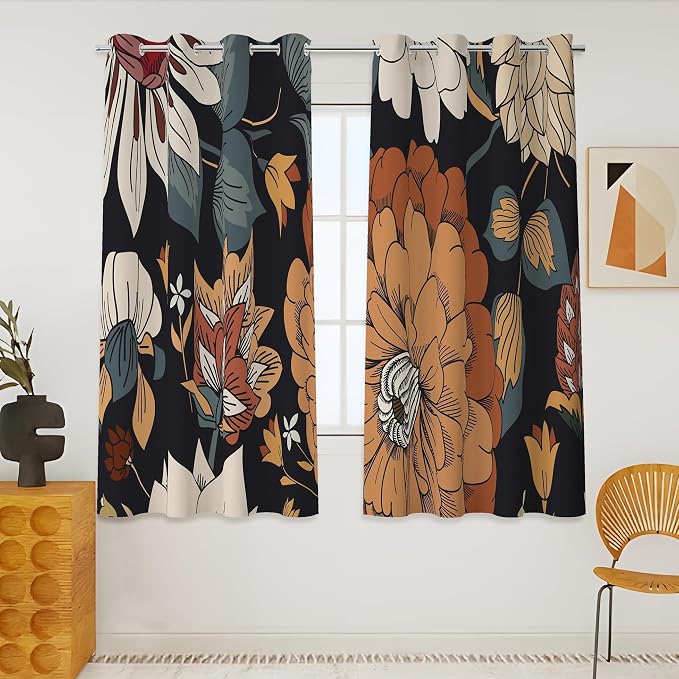 Tyrot Black Boho Floral 100% Blackout Curtains 45 Inch Long 2 Panels Mid by TyrotHomeDecor