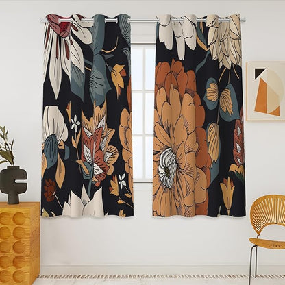 Tyrot Black Boho Floral 100% Blackout Curtains 45 Inch Long 2 Panels Mid by TyrotHomeDecor
