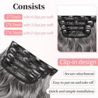 KooKaStyle Clip in Synthetic Hair Extensions Long Wavy 4PCS Thick Hairpieces Grey Sliver Mixed Fiber Double Weft Natural Hair Extensions 24 Inch for Women