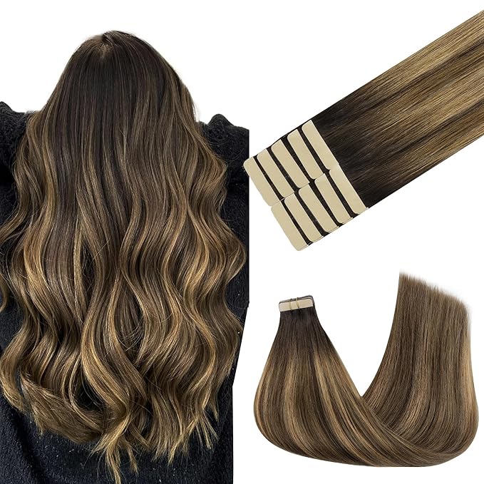 GOO GOO Tape in Hair Extensions Human Hair, 4D/14/5B Brunette Balayage, 18inch 25g 10pcs, Skin Weft Seamless Invisible, Silky Straight with Thick Ends, Remy Human Hair