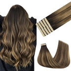 GOO GOO Tape in Hair Extensions Human Hair, 4D/14/5B Brunette Balayage, 18inch 25g 10pcs, Skin Weft Seamless Invisible, Silky Straight with Thick Ends, Remy Human Hair