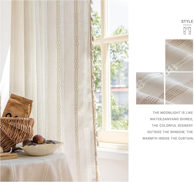 ENJOYBRIDAL Off White Curtains 63 Inch Length 2 Panels Boho Semi Sheer Drapes - Image 8