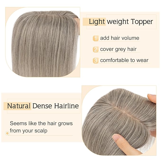 SEGO Grey Hair Toppers for Women Real Human Hair No Bangs, Salt and Pepper Hair Topper, 7 * 13 CM Silk Base Clip In Top Pieces Add Volume -12 Inch G3 Light Grey Mix