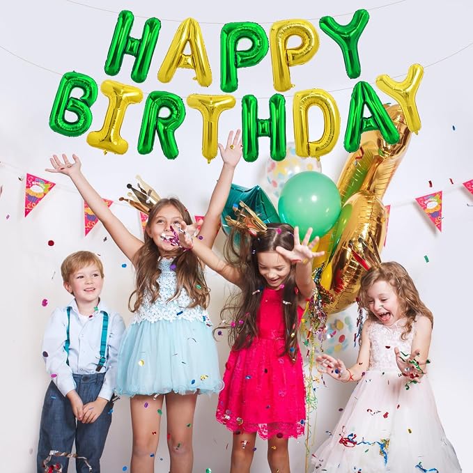 TONIFUL 16 Inch Green Gold Happy Birthday Balloons Banner Decor - Image 3