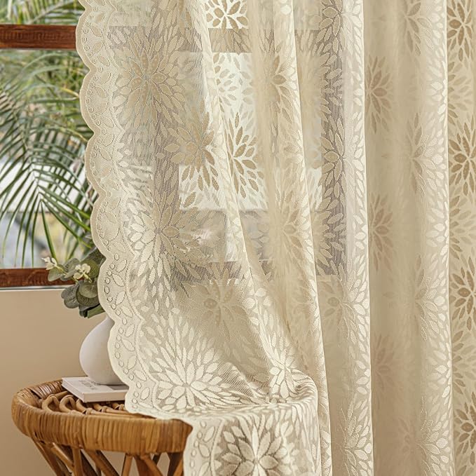 MIULEE Vintage Floral Scalloped Lace Curtains 2 Panels, Semi Sheer Curtains by MIULEE