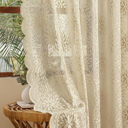 MIULEE Vintage Floral Scalloped Lace Curtains 2 Panels, Semi Sheer Curtains by MIULEE