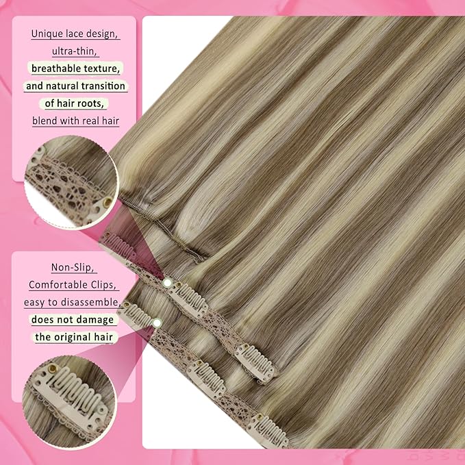 YoungSee Clip in Hair Extensions Real Human Hair Highlight Human Hair Extensions clip ins Light Brown Highlights with Blonde Clip in Hair Extensions Human Hair Silky Remy Hair 18In 120G 7Pcs