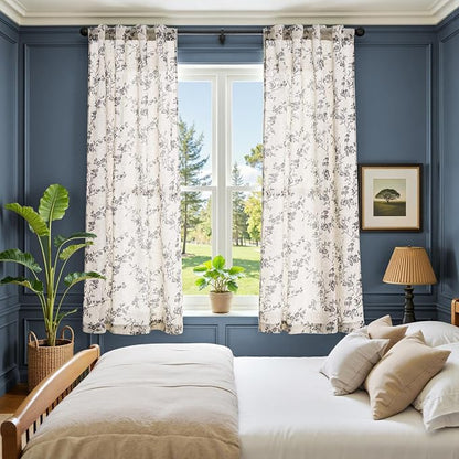 jinchan Black Floral Linen Curtains 63 Inch Rustic Drapes Back Tab 2 Panels | - Image 4