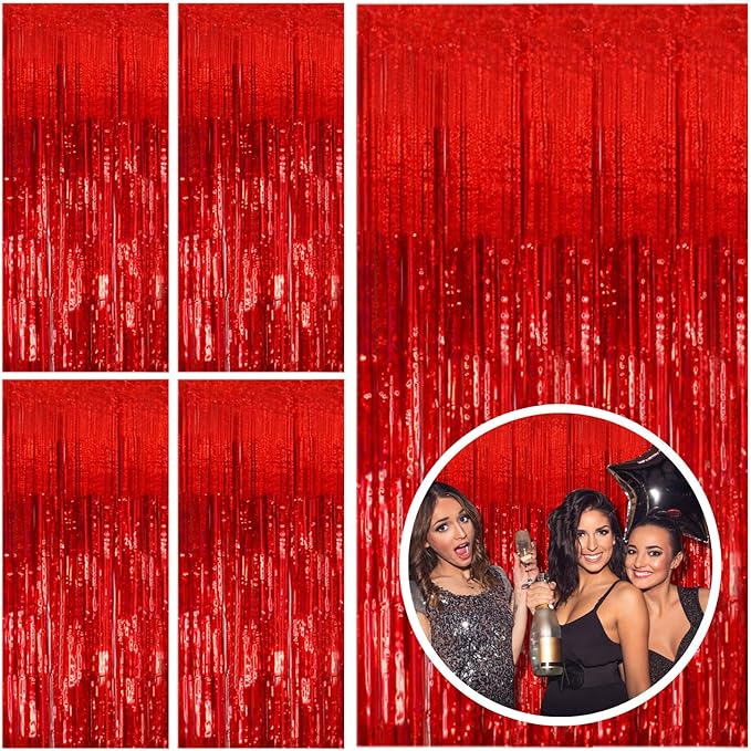5 Pack Red Streamers Party Backdrop Christmas Decorations Foil Fringe Backdrop by BOMSI