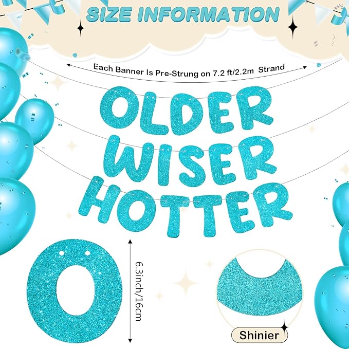 Fulmoon Set of 3 Pre Strung Older Wiser Hotter Glitter Banner Funny Birthday - Image 3