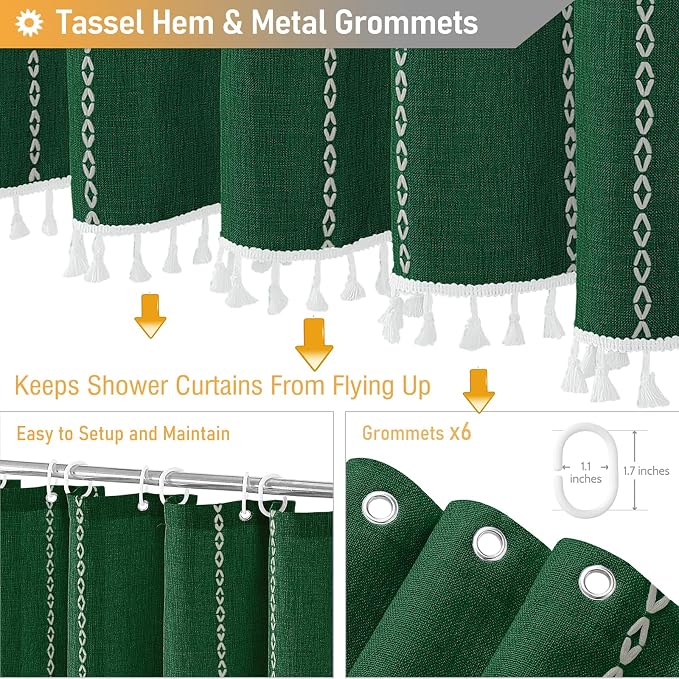 Small Boho Linen Heavy Duty Cloth Shower Curtain, Emerald Green | Stall Size - Image 5