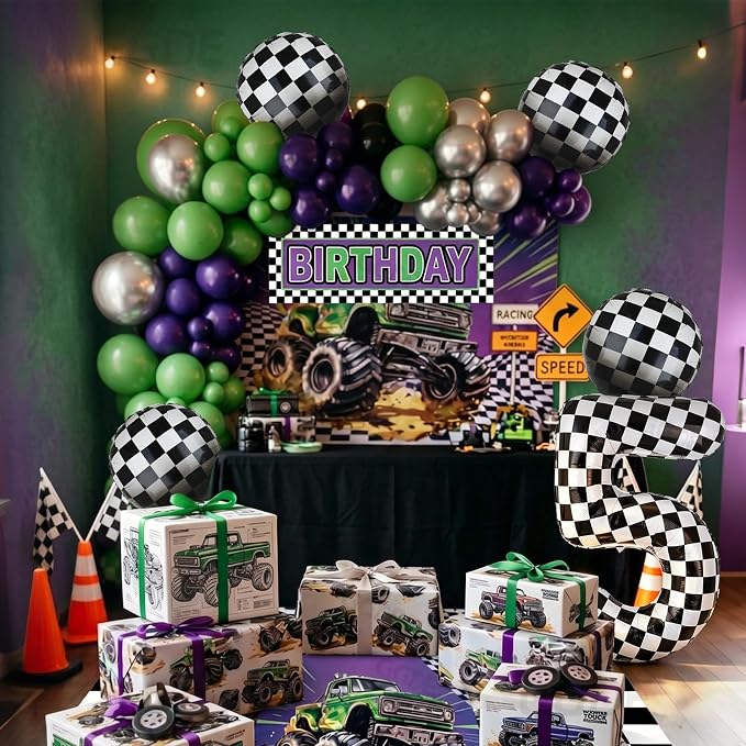 Monster Truck Birthday Party Theme 40 Inch Checkered Number Balloon 5 21Pcs | - Image 5