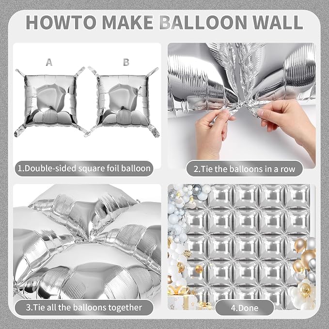 100 Pack Square Foil Balloons Metallic Mylar Balloons Mirror Finish Bulk Party - Image 3