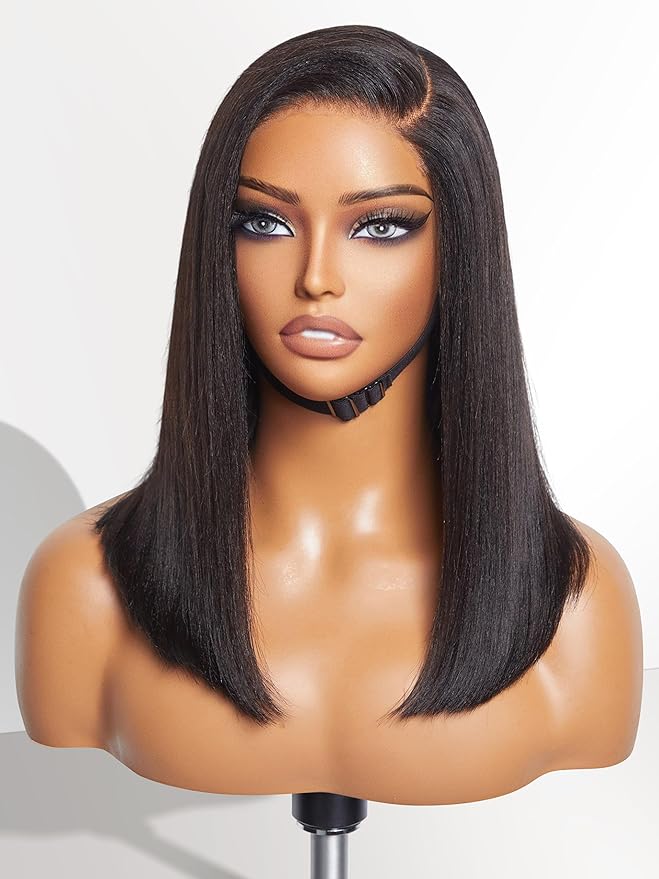 LUVME HAIR 14 Inch Light Yaki Straight Bob Wig Human Hair, Undetectable HD Lace Glueless Bob Wigs Human Hair Pre Plucked, Pre Cut Lace Wig Short Black Blunt Cut Bob Wigs 180 Density