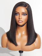LUVME HAIR 14 Inch Light Yaki Straight Bob Wig Human Hair, Undetectable HD Lace Glueless Bob Wigs Human Hair Pre Plucked, Pre Cut Lace Wig Short Black Blunt Cut Bob Wigs 180 Density